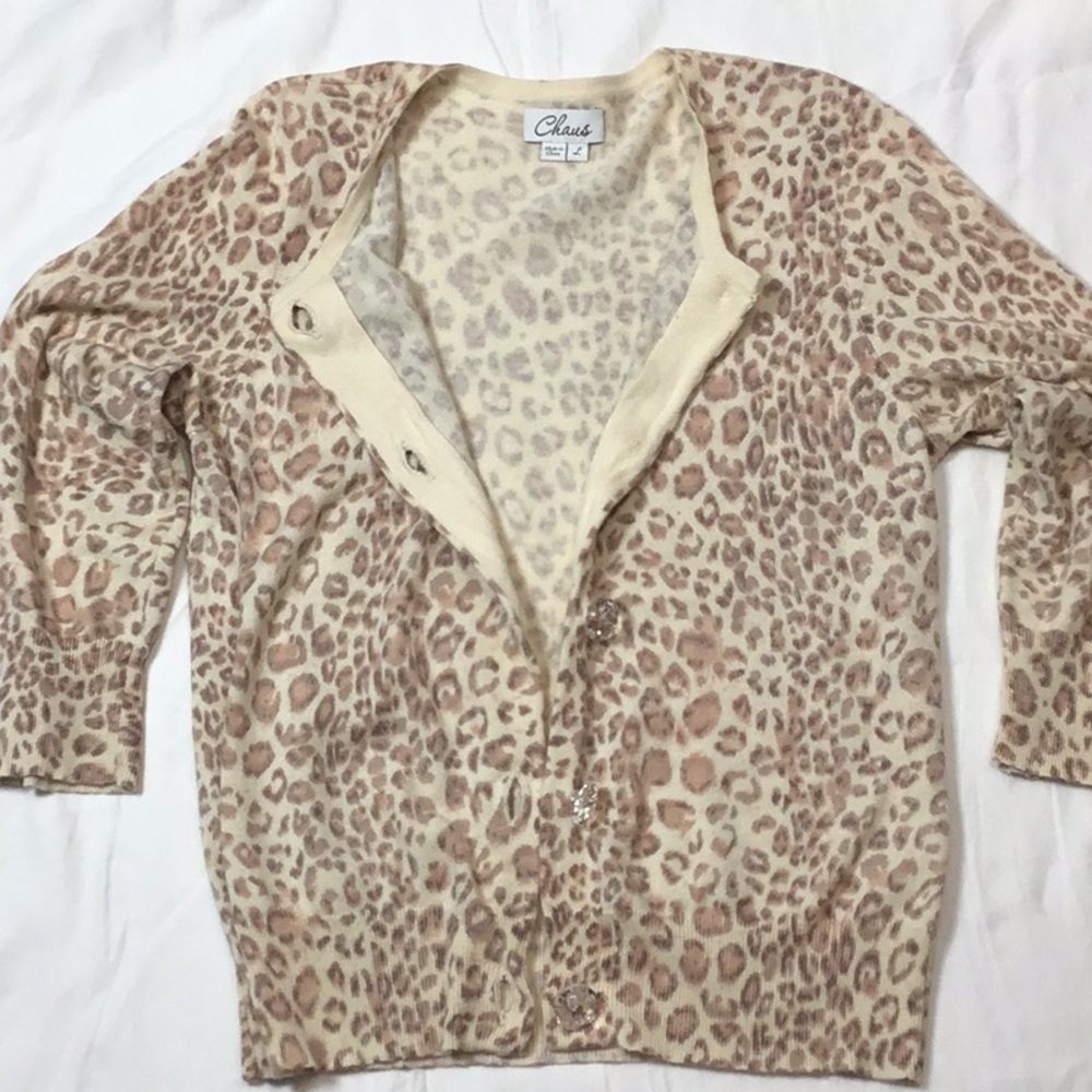 Chaus Leopard Print Silk Angora Blend 3/4 Sleeve Crystal Button Cardigan Sz.L - Picture 4 of 10